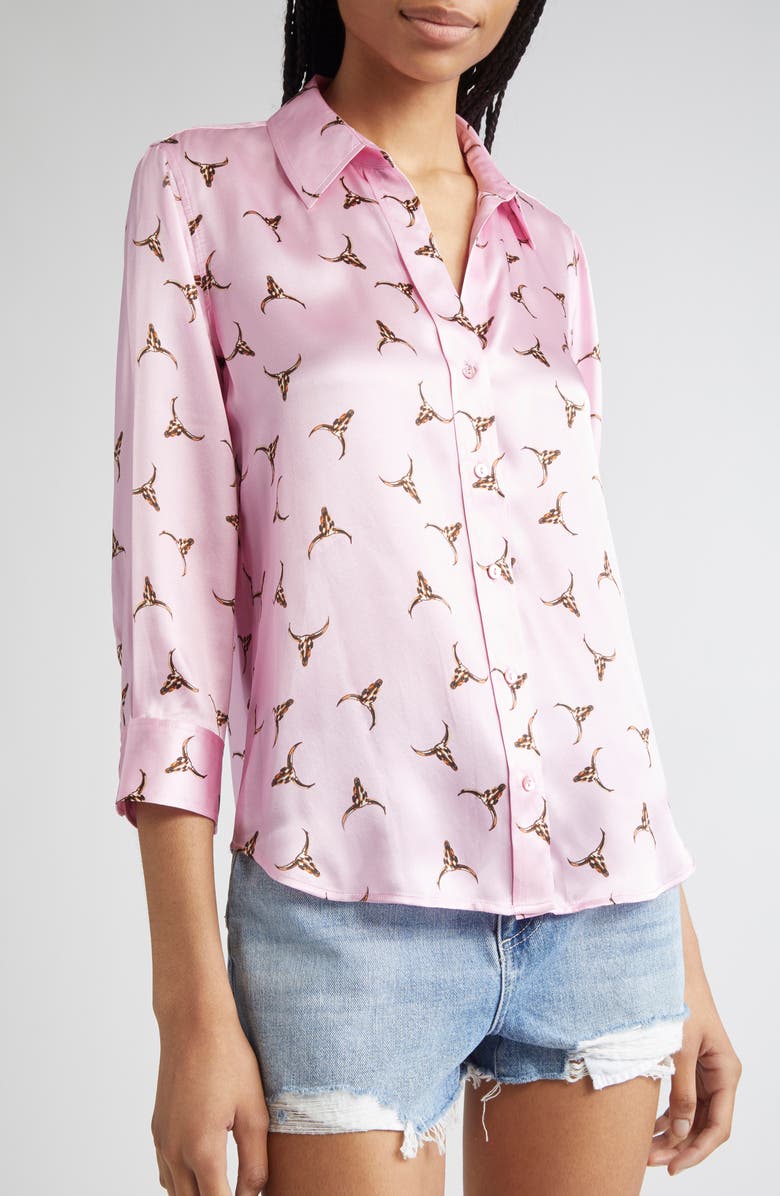L'AGENCE Dani Bull Skull Silk Button-Up Shirt, Alternate, color,