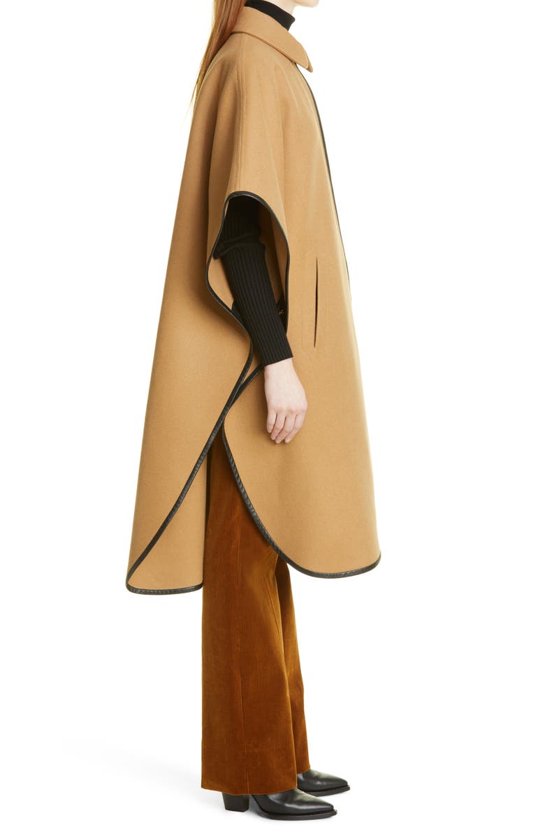 Saint Laurent Cashmere & Wool Cape with Leather Trim, Alternate, color,