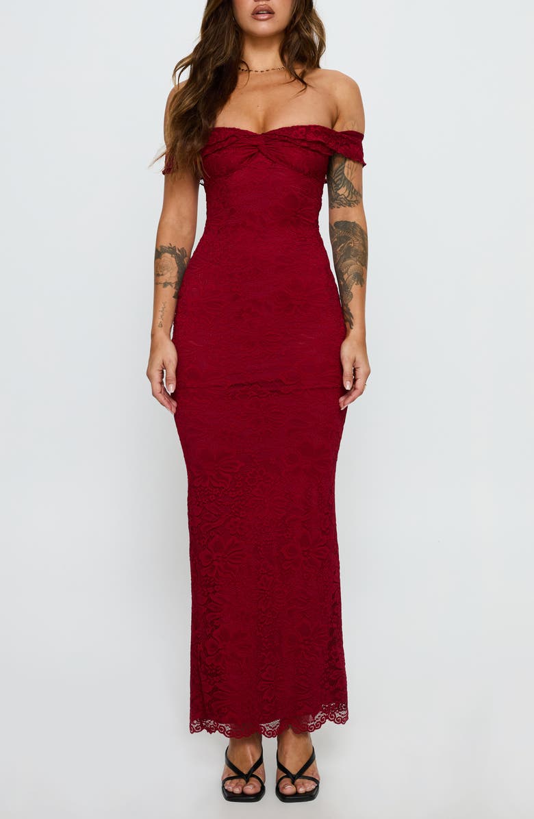 Princess Polly Anabeila Off the Shoulder Lace Mermaid Gown, Main, color, Red