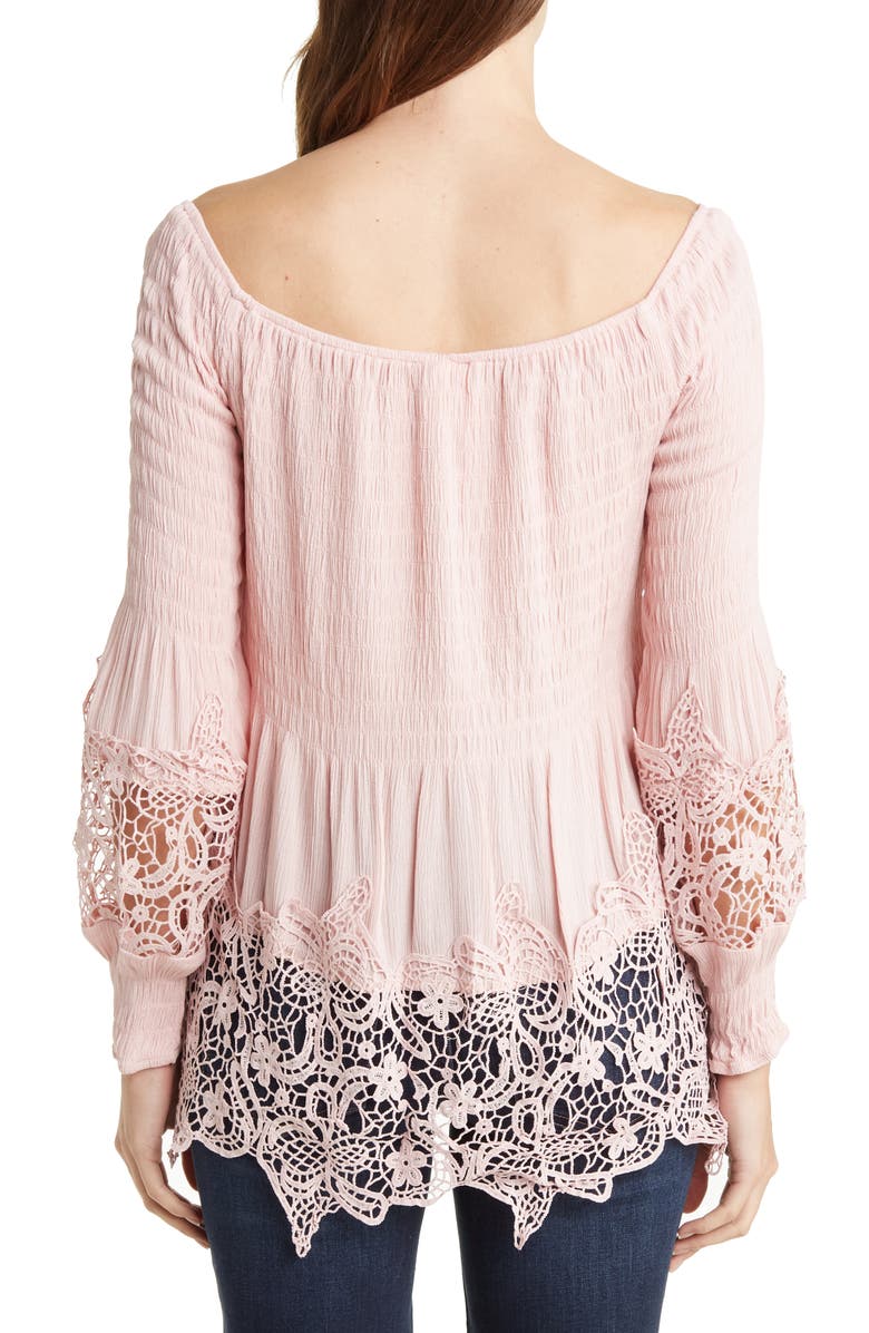 Forgotten Grace Crochet Trim Smocked Off-The-Shoulder Top, Alternate, color, Blush