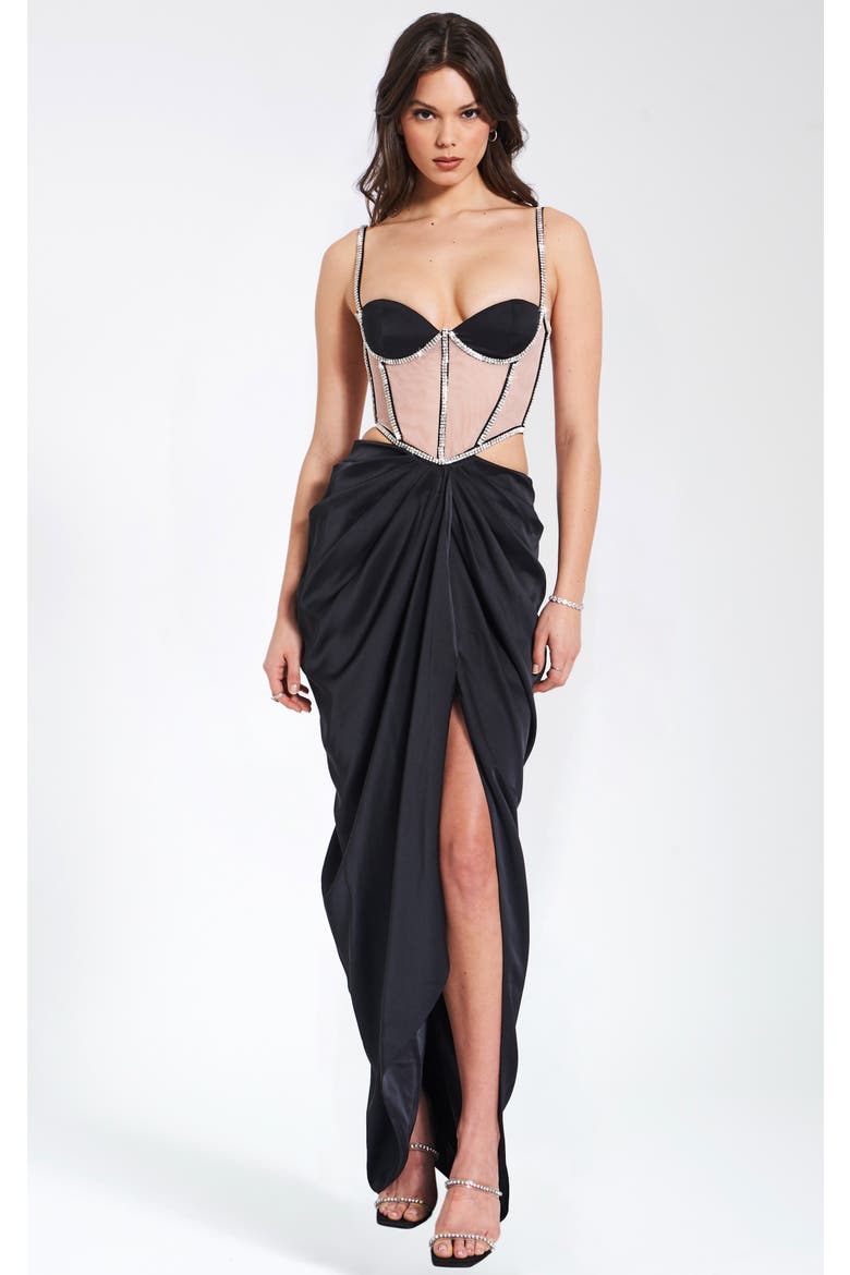 Cadence Satin Corset Evening Gown, Main, color, Black