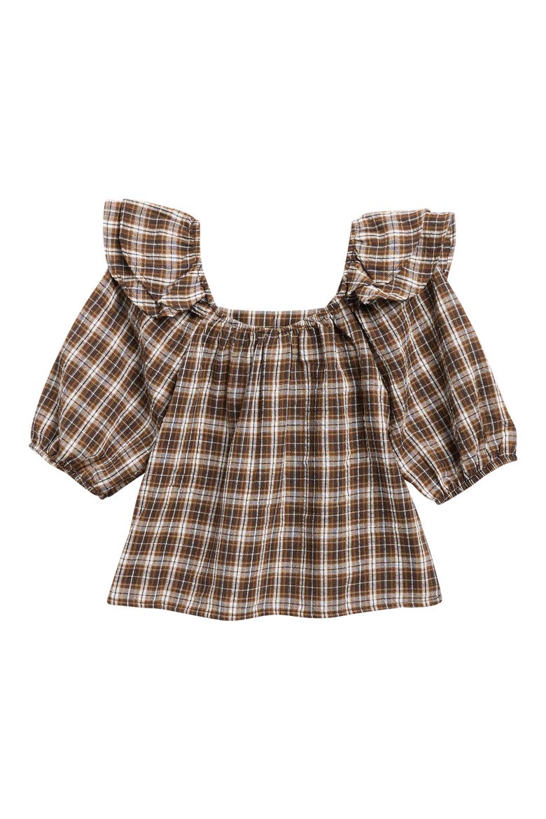 Kids' Plaid Ruffle Top, Alternate, color, BROWN