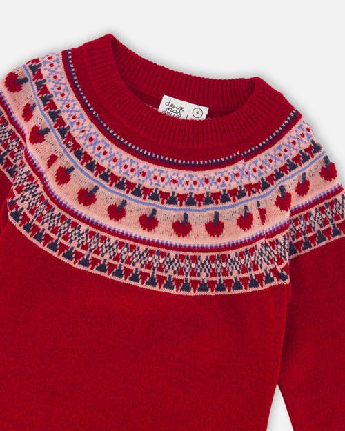 Deux Par Deux Knit Dress With Apple Jacquard Yoke In Red