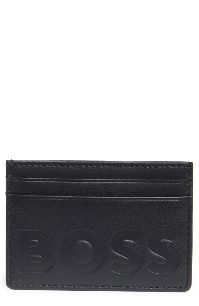 BOSS Laslo Debossed Logo Leather Card Case, Main, color, Navy