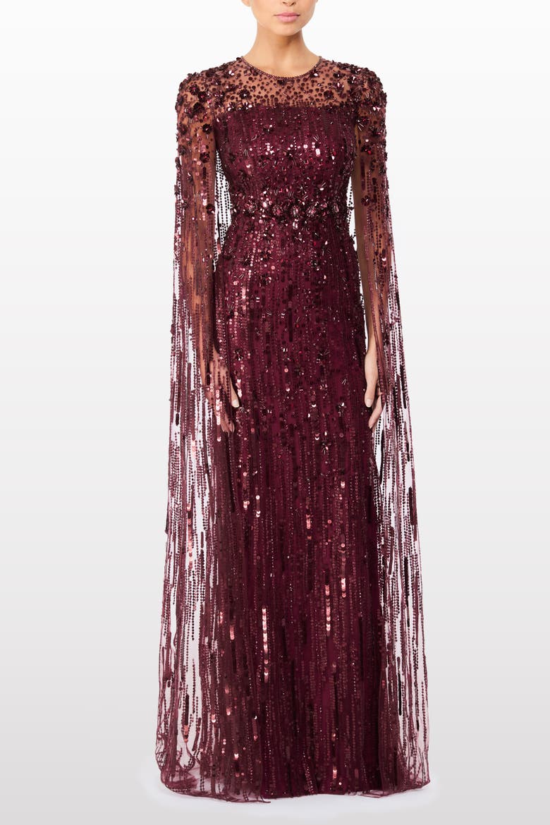 Ruby Sequin-Embellished Cape Maxi Dress, Alternate, color, Cardinal