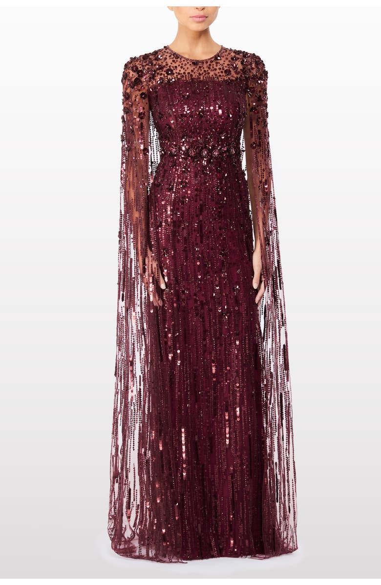 Jenny Packham Ruby Sequin-Embellished Cape Maxi Dress, Alternate, color, Cardinal
