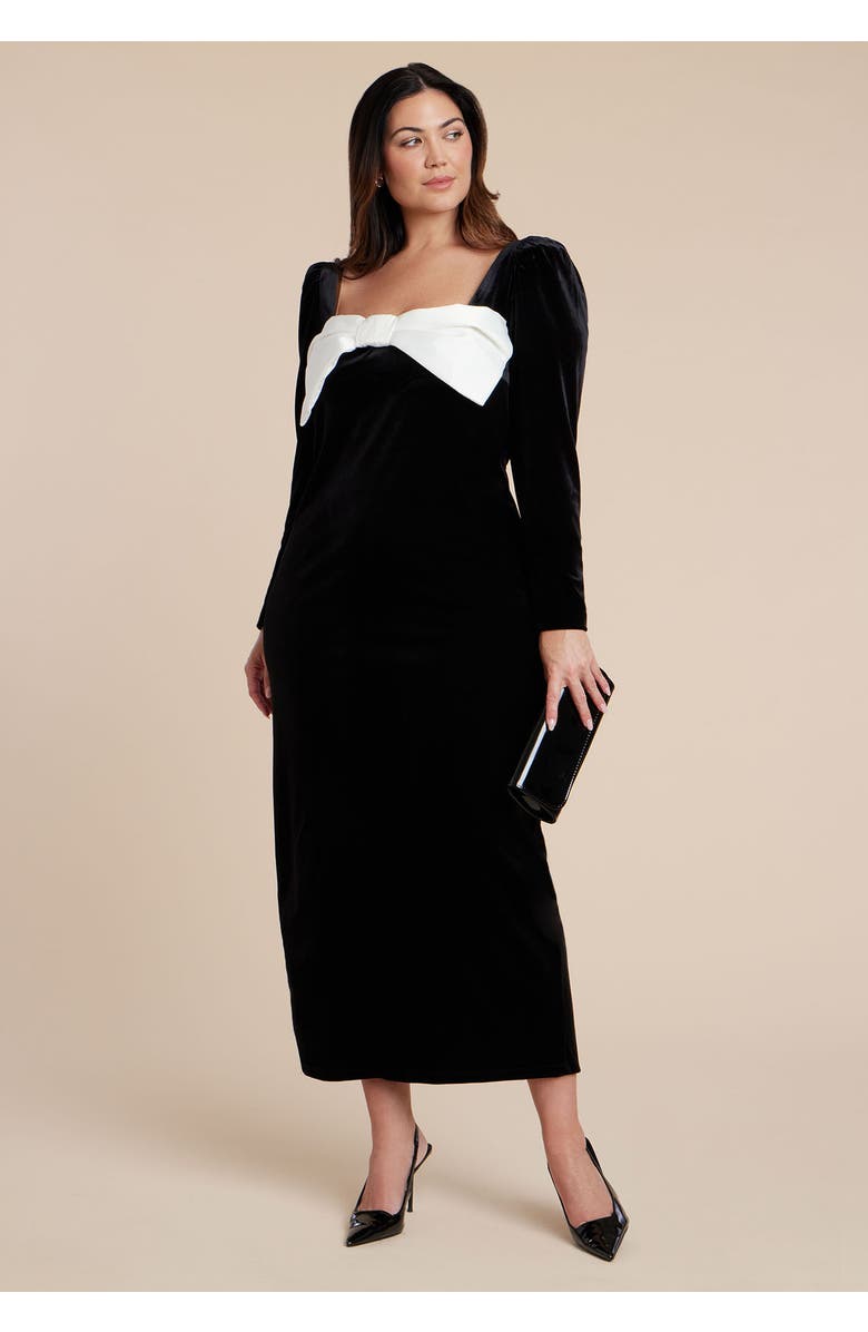 ELOQUII Velvet Maxi Dress With Bow, Alternate, color, Black Onyx