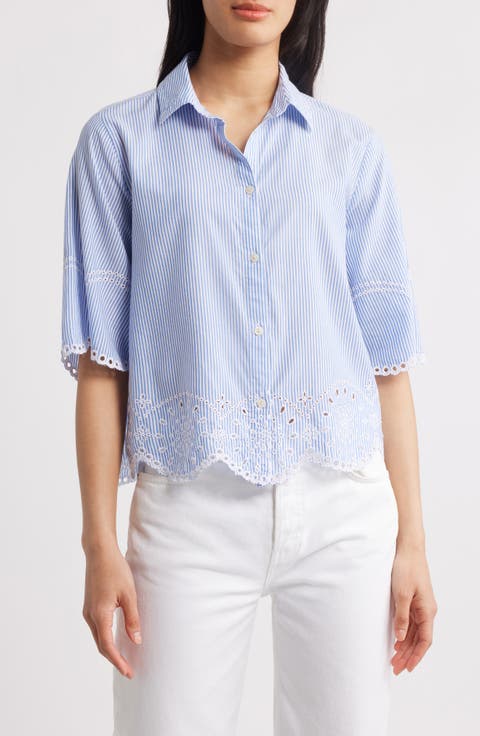 Chloé Stripe Embroidered Eyelet Border Button-Up Shirt