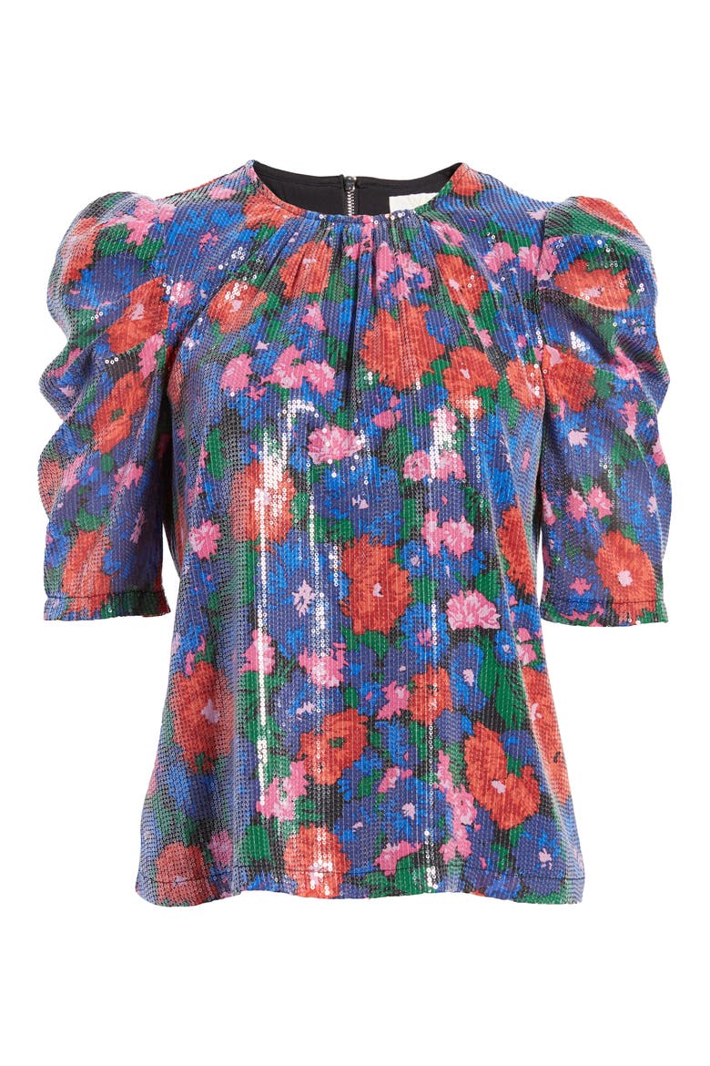Greyson Sequin Puff Sleeve Top, Alternate, color, BLUE FLORAL SEQUINS