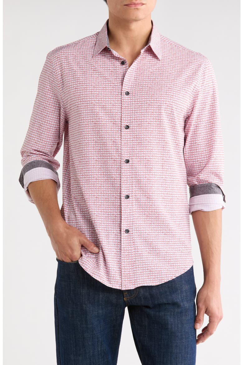 Geometric Watercolor Button-Up Shirt, Main, color, RED