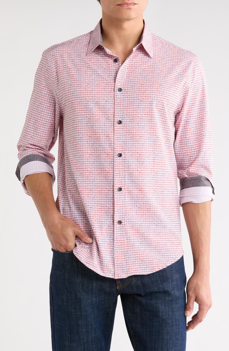 Brooklyn Brigade Geometric Watercolor Button-Up Shirt, Main, color, Red