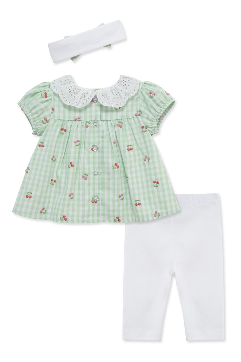 Cherry Check Peter Pan Collar Top, Leggings & Headband Set, Main, color, LIGHT GREEN