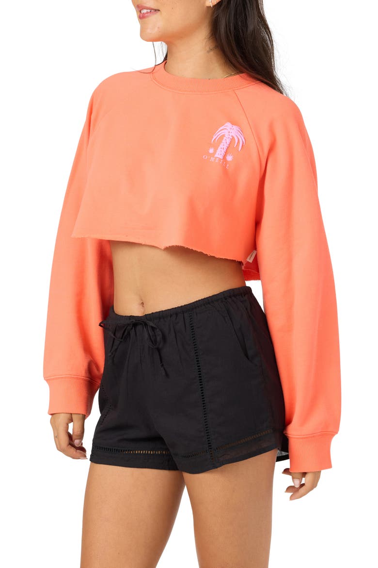 Palm Raw Edge Cropped Fleece Sweatshirt, Alternate, color, FIERY CORAL