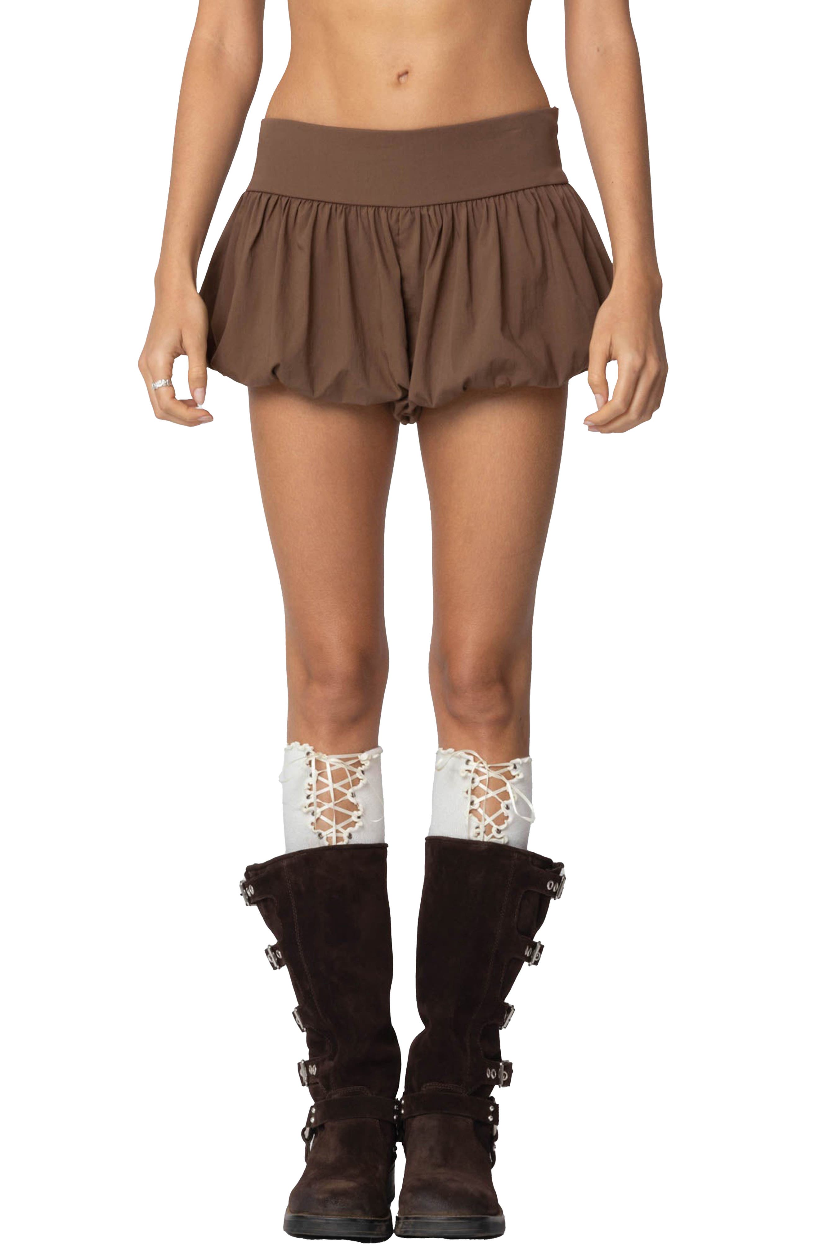 EDIKTED Adrianna Bubble Micro Shorts in Brown 