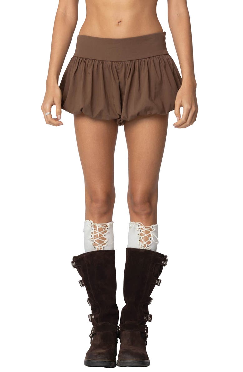 EDIKTED Adrianna Bubble Micro Shorts, Main, color, Brown
