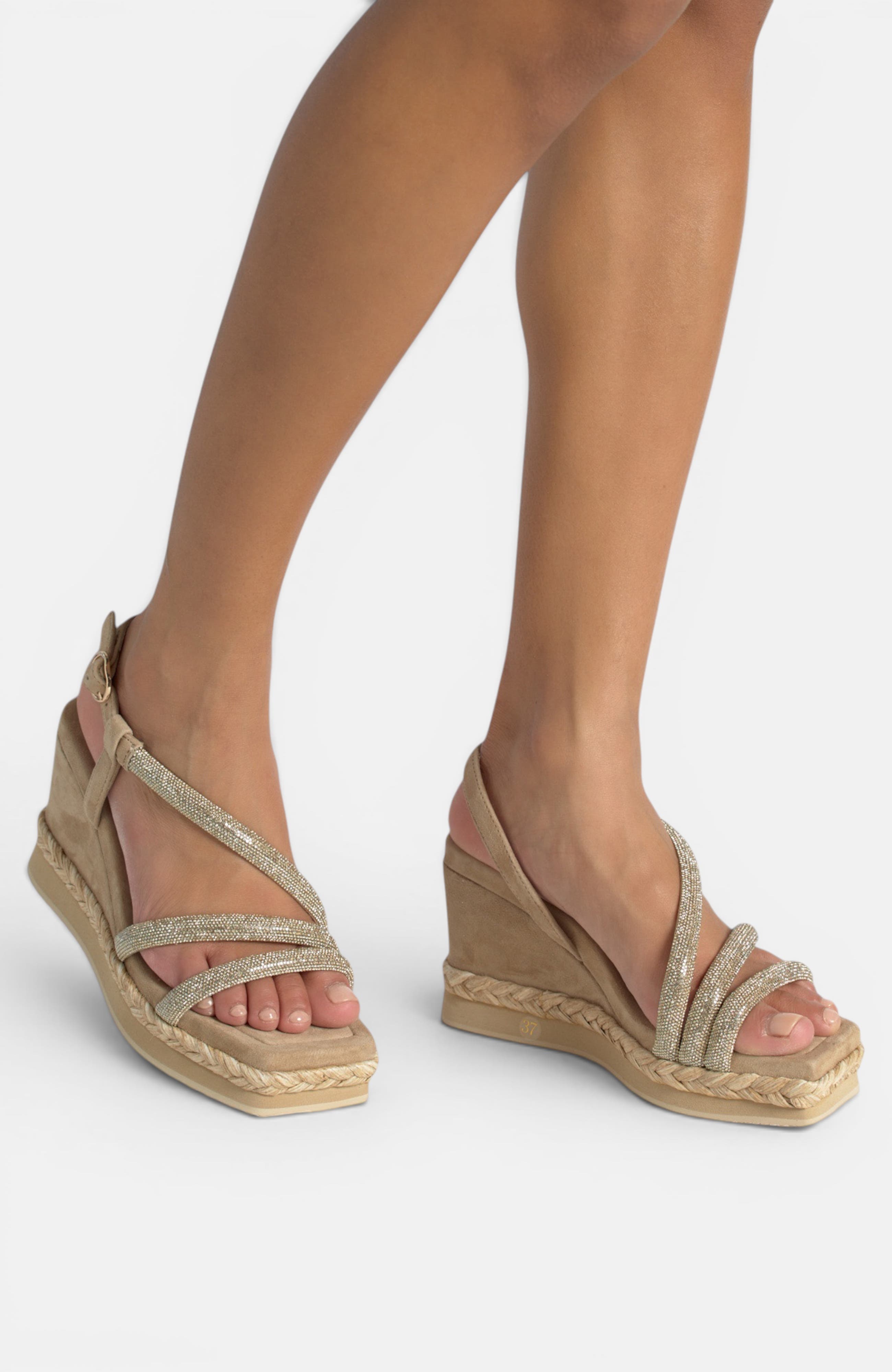 Braided Wedge With Rhinestones, Alternate, color, Beige