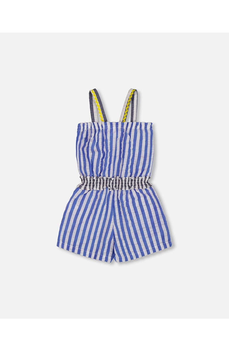Deux par Deux Little Girl's Sleeveless Seersucker Romper Blue And White Striped, Alternate, color,