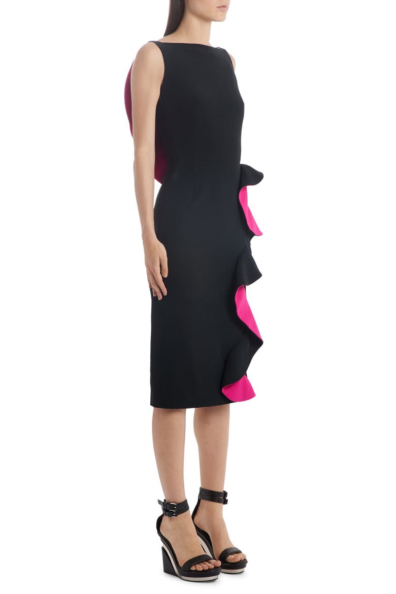 Alexander McQueen Contrast Ruffle Trim Sheath Dress, Alternate, color, BLACK/ ORCHID PINK