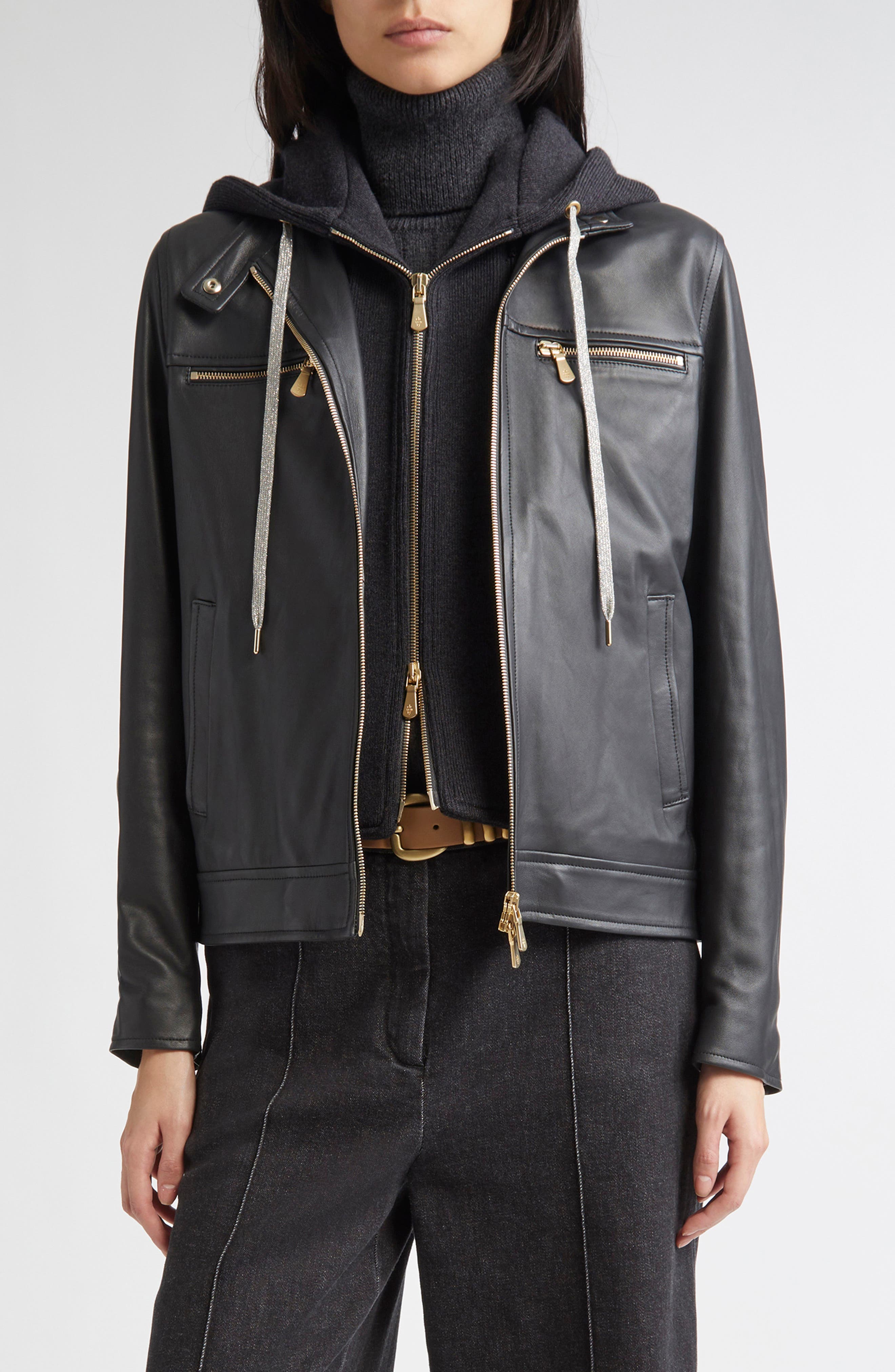 Leather Biker Jacket with Removable Hooded Bib