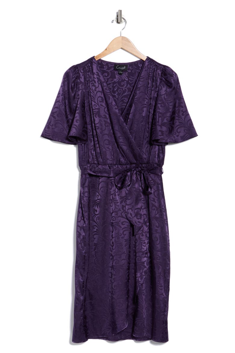 Floral Satin Jacquard Wrap Front Dress, Alternate, color, EGGPLANT