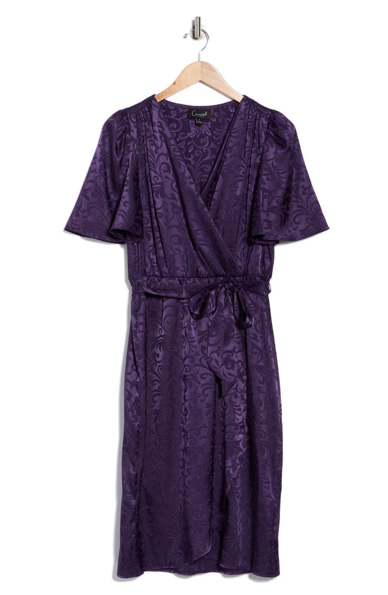 Connected Apparel Floral Satin Jacquard Wrap Front Dress, Alternate, color, Eggplant