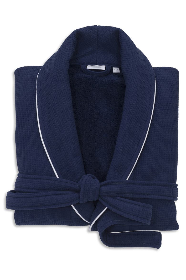 Hotel Collection Satin Piped Trim Waffle Terry Bathrobe, Alternate, color, NAVY