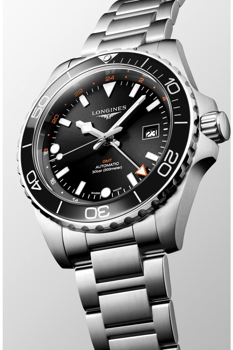 HydroConquest GMT Automatic Bracelet Watch, 43mm, Alternate, color, BLACK