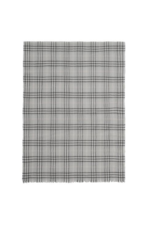 Wide Check Wool Silk Blend Scarf