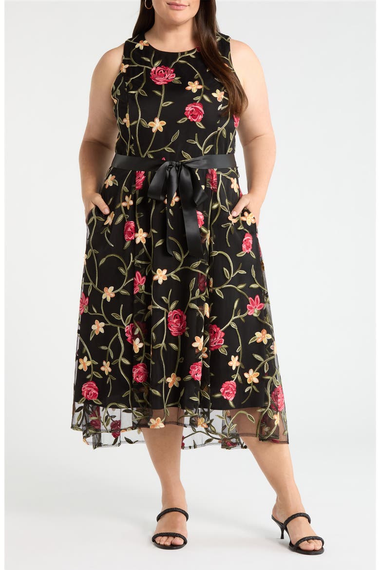 Embroidered Sleeveless Midi Dress, Main, color, BLACK MULTI