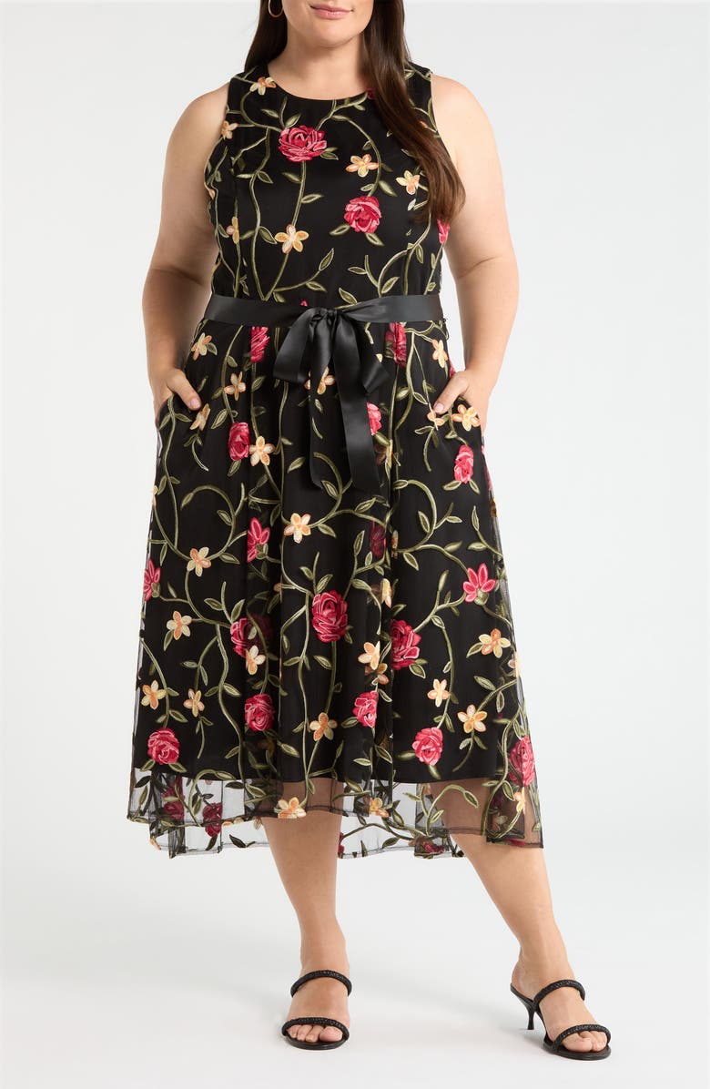 Tahari ASL Embroidered Sleeveless Midi Dress, Main, color, 