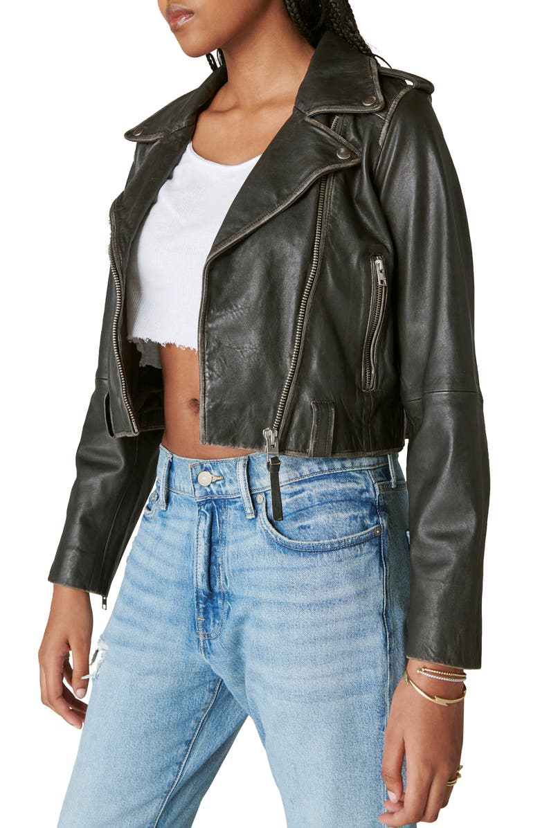 Lucky Brand Distressed Crop Leather Moto Jacket, Alternate, color, 
