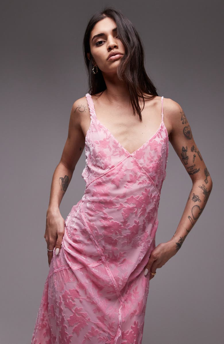 Topshop Floral Burnout Velvet Maxi Dress, Alternate, color, Light Pink
