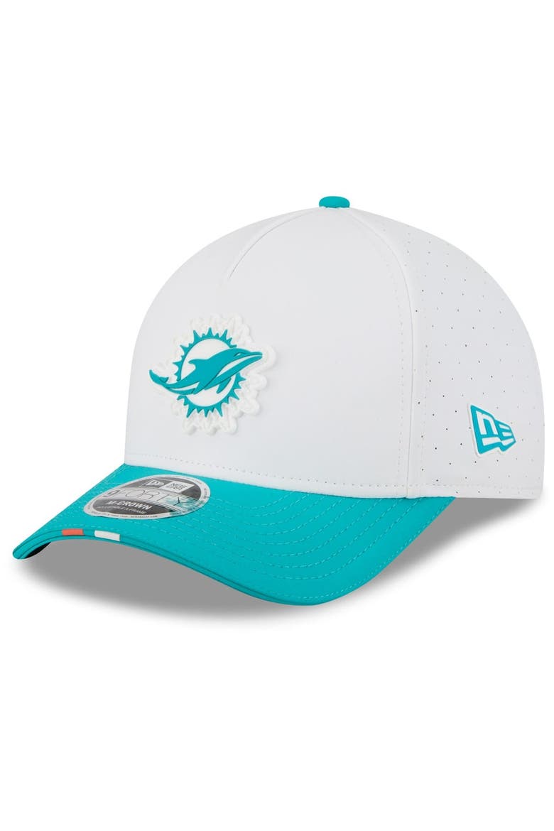 Men's New Era  White/Aqua Miami Dolphins 2025 NFL Training Camp A-Frame 9FORTY Adjustable Hat, Main, color, White