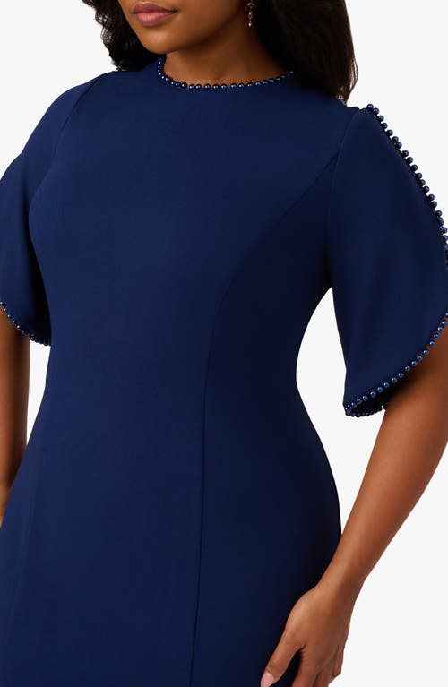 Adrianna Papell Imitation Pearl Detail Crepe Sheath Dress In Navy Sateen