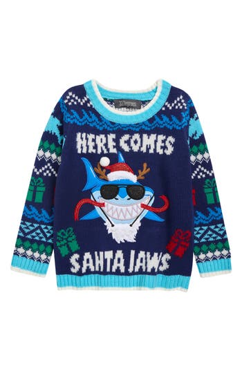 33 Degrees Kids' Here Comes Santa Jaws Holiday Sweater In Blue