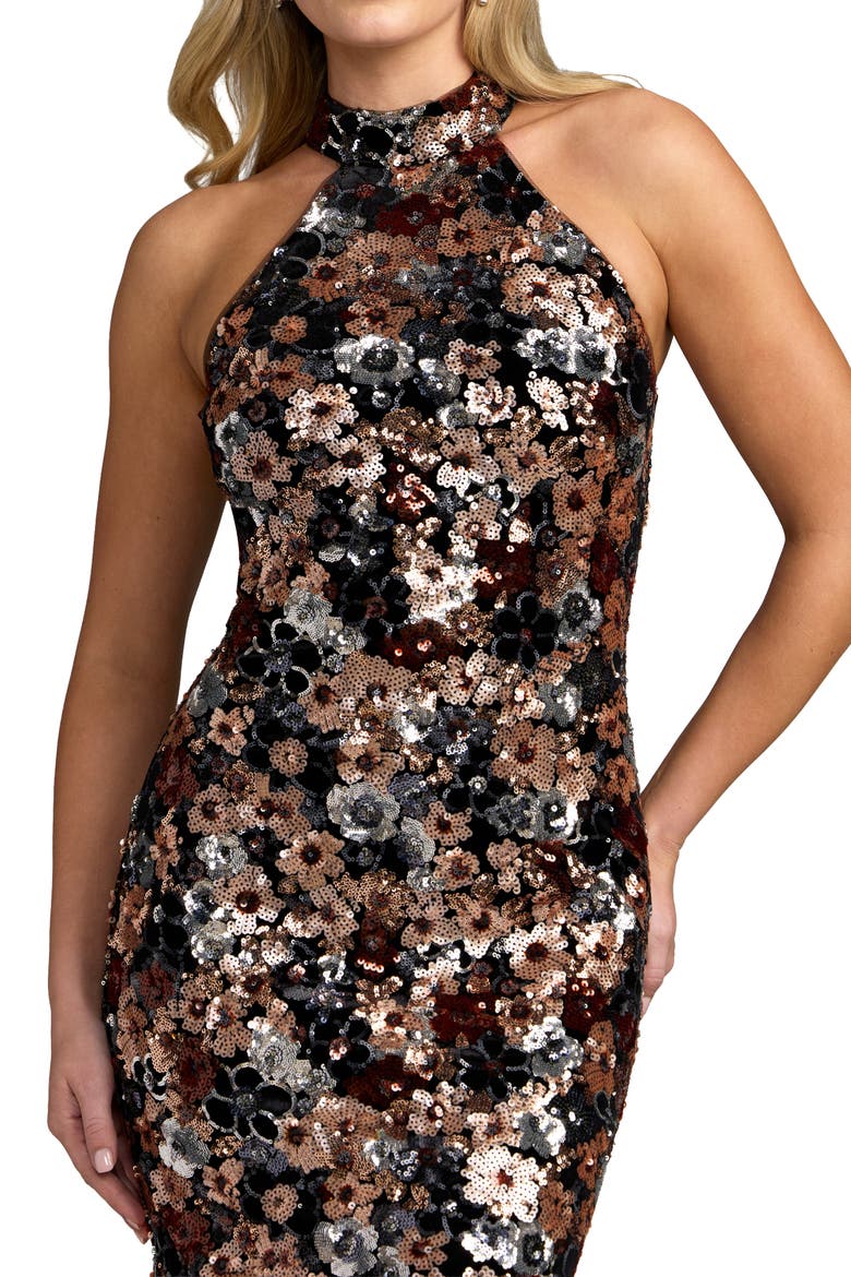 Floral Sequin Halter Gown, Alternate, color, Black Gold