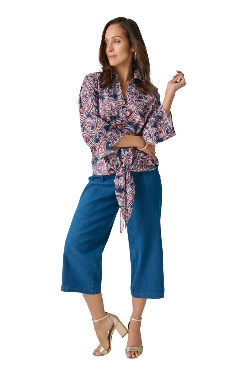 Jessica London Tie-Front Collared Blouse, Main, color, Navy Refined Paisley