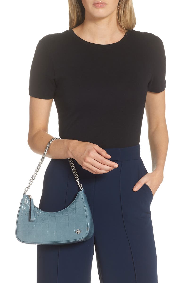 Tory Burch 151 Mercer Patent Quilt Small Crescent Bag, Alternate, color,