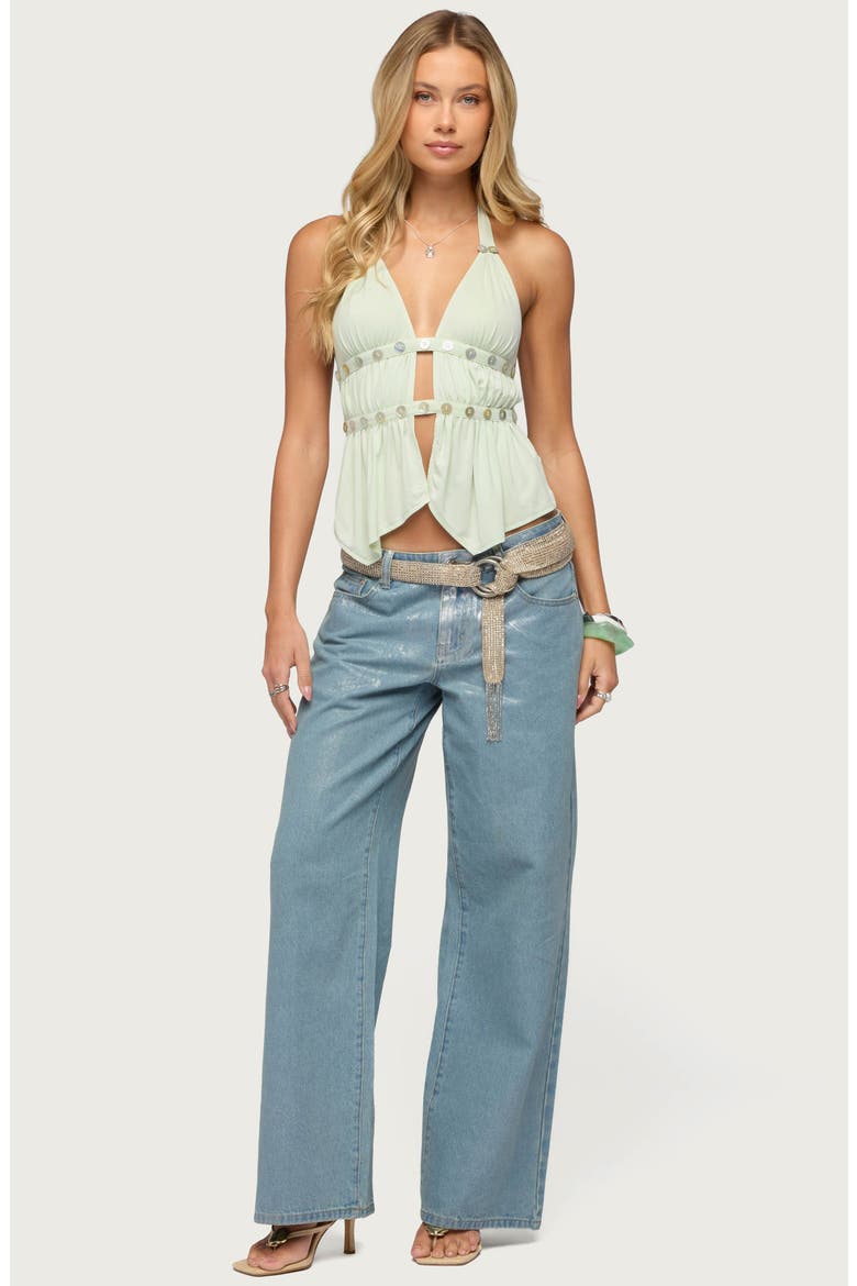 Izora Button Embellished Plunge Halter Neck Top, Alternate, color, GREEN