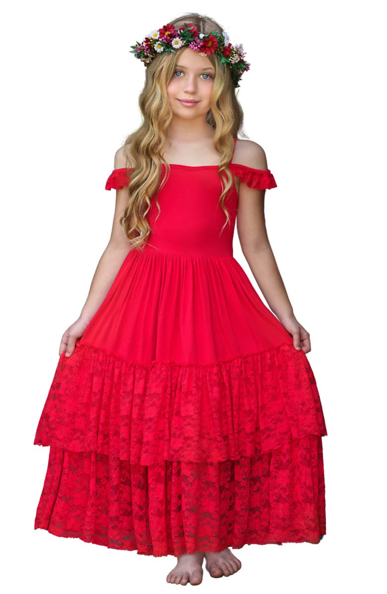 Mia Belle Girls Ruby Red Tiered Lace Ruffle Maxi Dress, Main, color, 