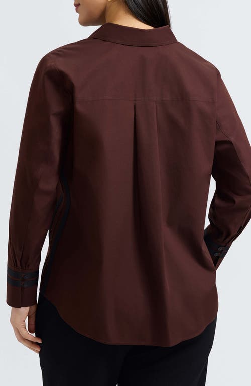 Foxcroft Brooke Grosgrain Trim Cotton Button-up Shirt In Brown