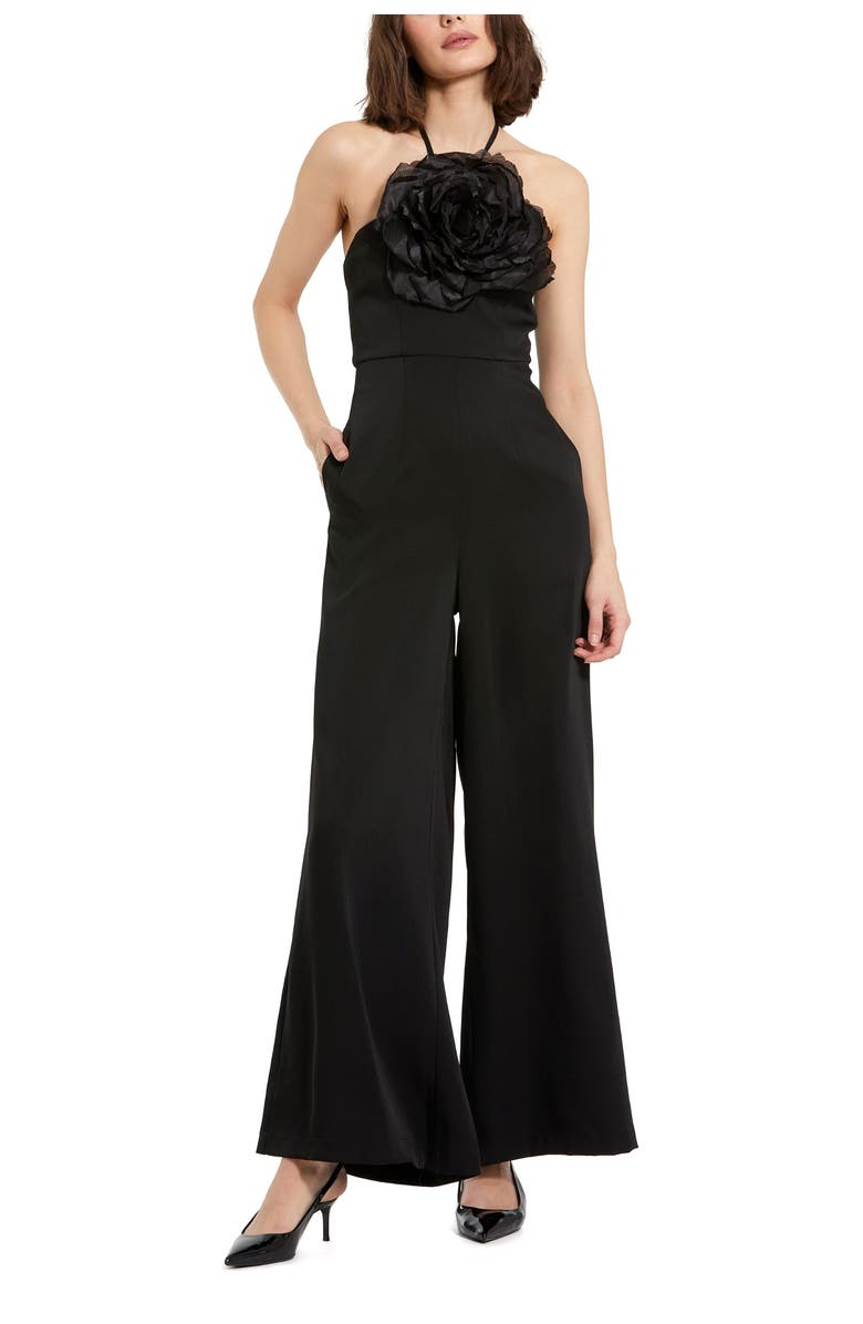 Mac Duggal Crepe Halter Neck Flower Detail Jumpsuit, Main, color, Black