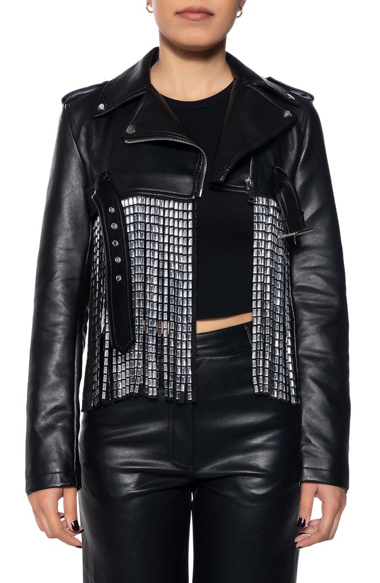 AZALEA WANG Super Rhinestone Fringe Belted Faux Leather Crop Moto Jacket, Alternate, color,