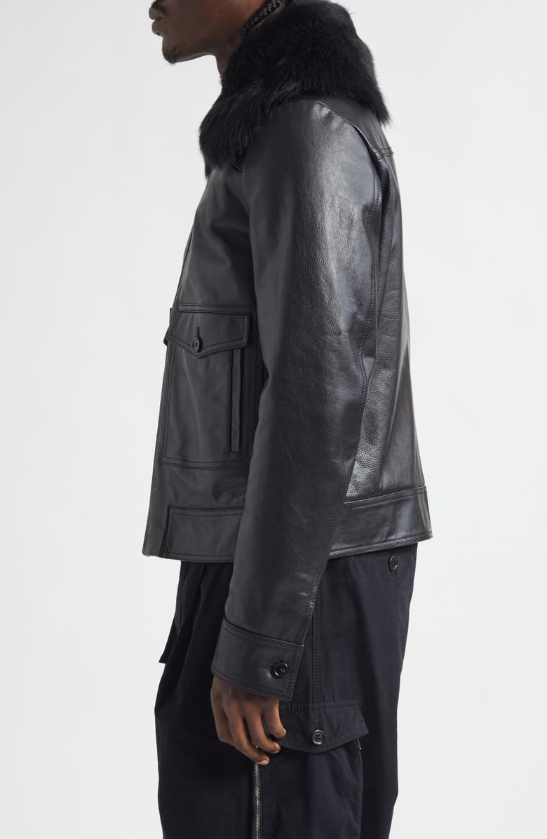Dolce&Gabbana Leather Jacket with Genuine Shearling Collar, Alternate, color, Nero