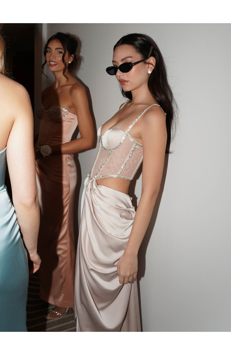 Miss Circle Cadencee Satin Crystal Embellished Corset Dress, Alternate, color, Champagne