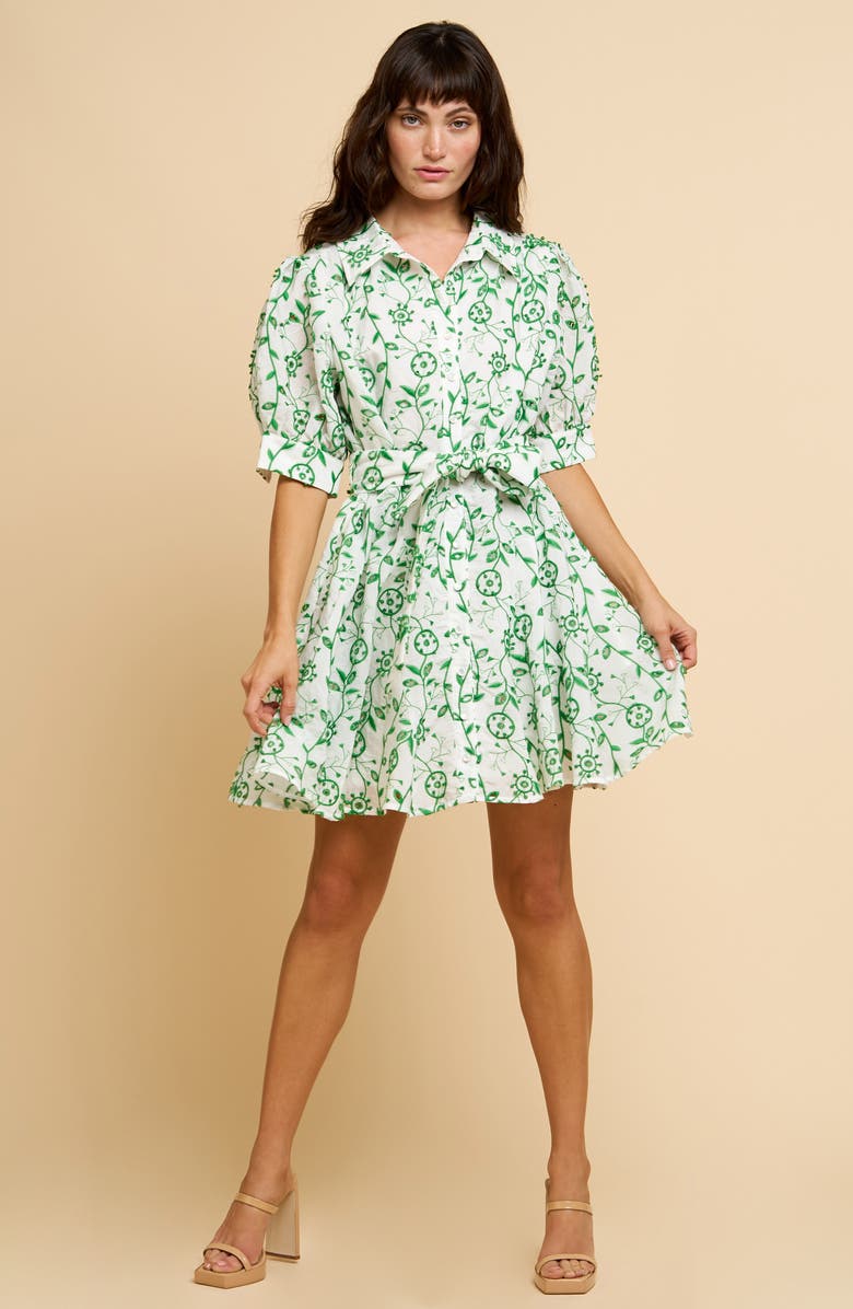 CIEBON Emilie Embroidered Belted Mini Shirtdress, Alternate, color, White/ Green