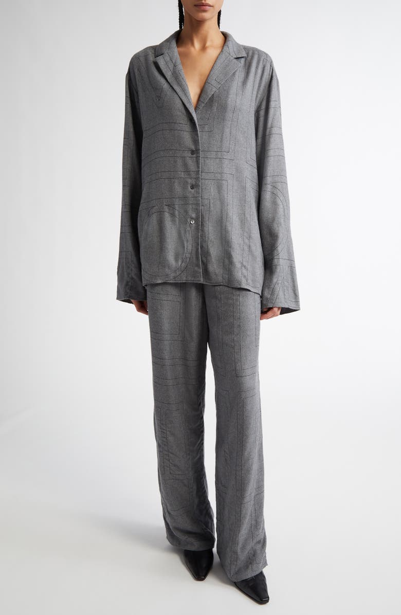 TOTEME Monogram Embroidered Flannel Wide Leg Pants, Alternate, color, Smoke Melange