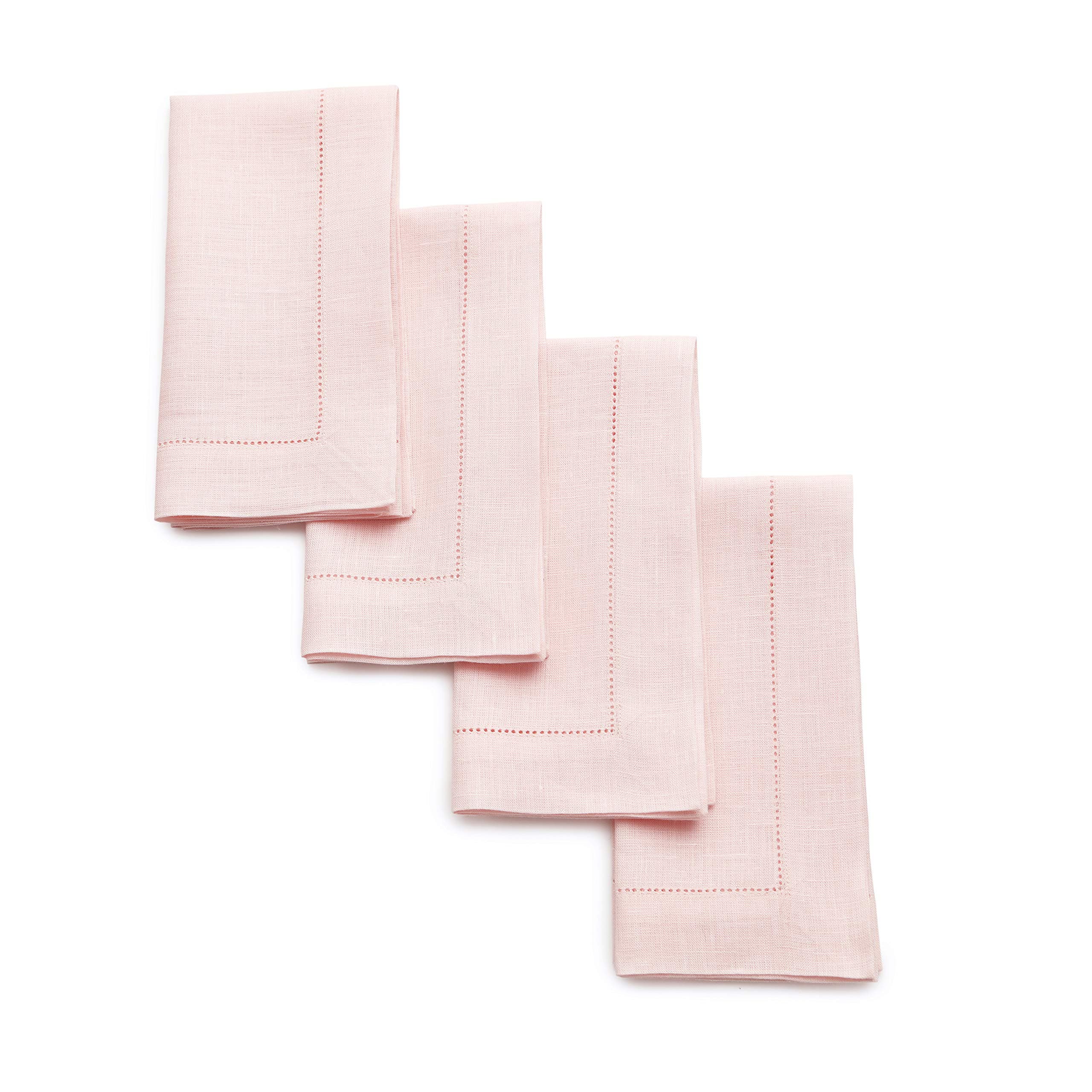 Solino Home Linen Dinner Napkins Set of 4, 20 x 20 Inch for Dining Table, Holiday and Everyday Table Decor - Classic Hemstitch - Pink, Large