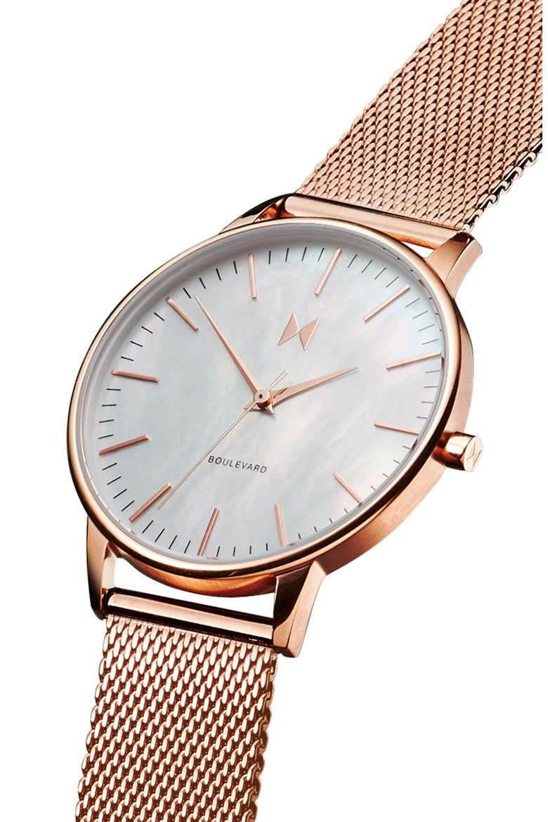 MVMT Boulevard Mesh Strap Watch, 38mm, Alternate, color, ROSE GOLD/ WHITE