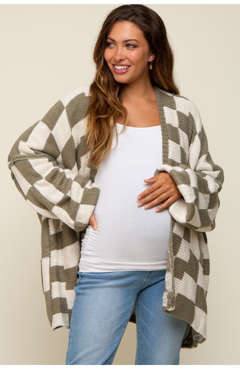 PinkBlush Checkered Print Oversized Cardigan, Main, color, Olive Green